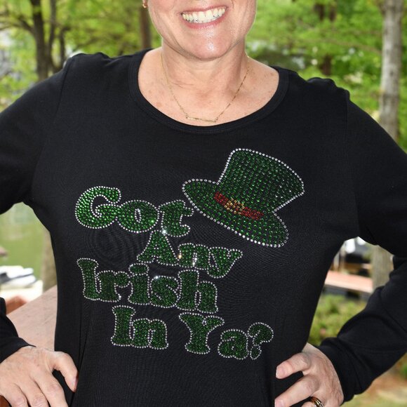 St. Patrick's rhinestone black long sleeve shirt XS S M L XL XXL 1X 2X 3… - Picture 2 of 7